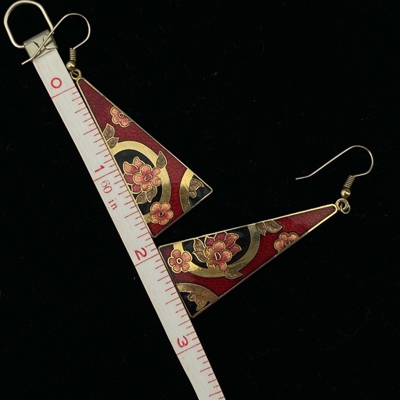 Vintage 80's Cloisonné Red and Gold Triangle Earrings - Picture 3 of 7